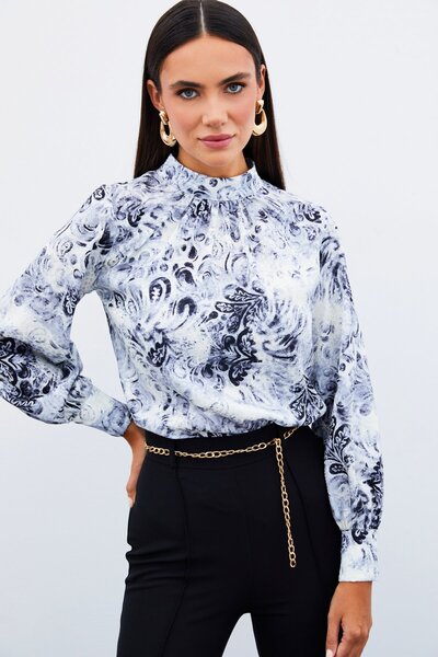 Sateen Dik Yaka Desenli Bluz - SİYAH