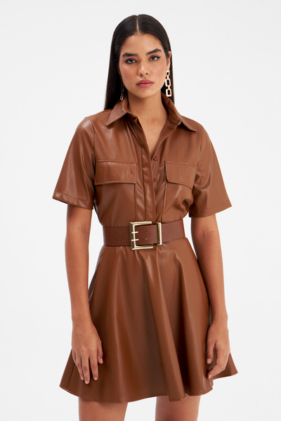 Sateen Fusta mini din piele evazată - Maro