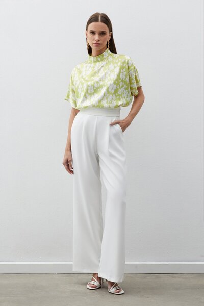 Sateen Dik Yaka Desenli Salaş Bluz - YAĞ YEŞİLİ