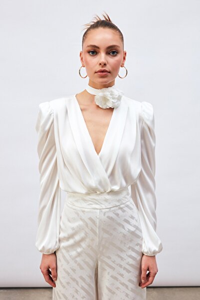 Sateen Kruvaze Saten Bodysuit Bluz - Ekru