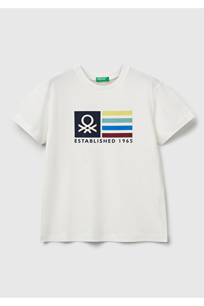 United Colors of Benetton Tricou pentru băieți, ecru, cu decolteu crew, cu lo...