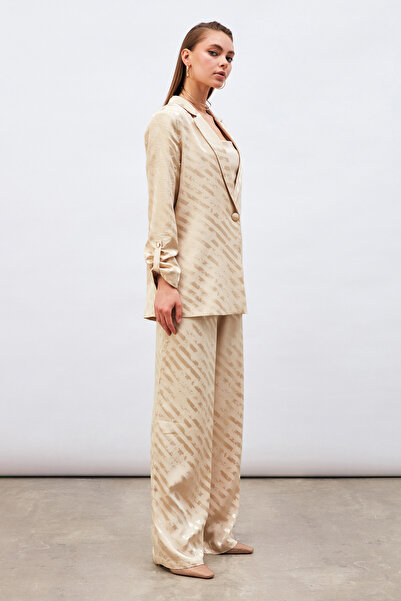 Sateen Kol Detaylı Desenli Salaş Ceket - Bej