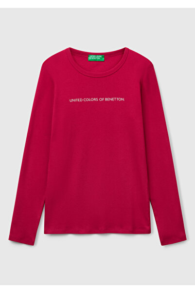 United Colors of Benetton Tricou cu mânecă lungă pentru femei, fucsia, 100% bumbac, cu decolteu, Benetton Written