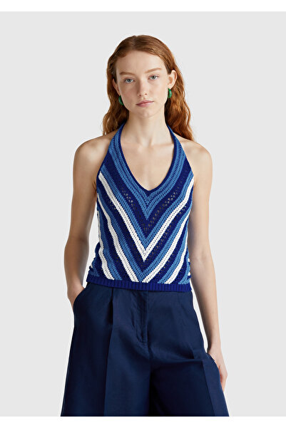 United Colors of Benetton Tricotaj de damă, albastru, amestecat de bumbac, cu gât cu șalț