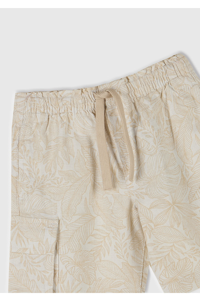 United Colors of Benetton Boy's Ecru Linen Blended All Patterned Drawstring Shorts with Side Pockets