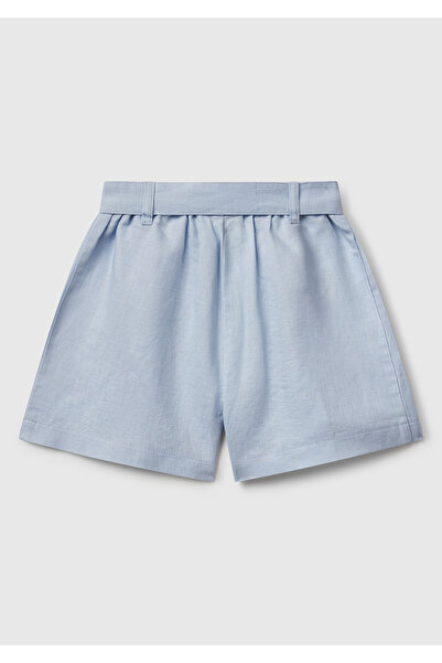 United Colors of Benetton Pantaloni scurți Bermuda plisați pentru fete, albastru praf, amestec de in, cu talie elastică