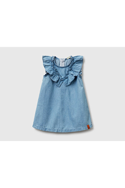 United Colors of Benetton Baby Denim Logo Label Detailed Ruffled Collar Pleated Denim Dress
