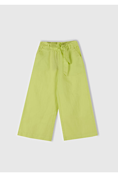 United Colors of Benetton Girls' Yellow Linen Blend Wide Leg Pants with Stitched Waist Belt