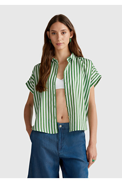 United Colors of Benetton Women's Green Linen Blended Striped Kimono Sleeve Shirt