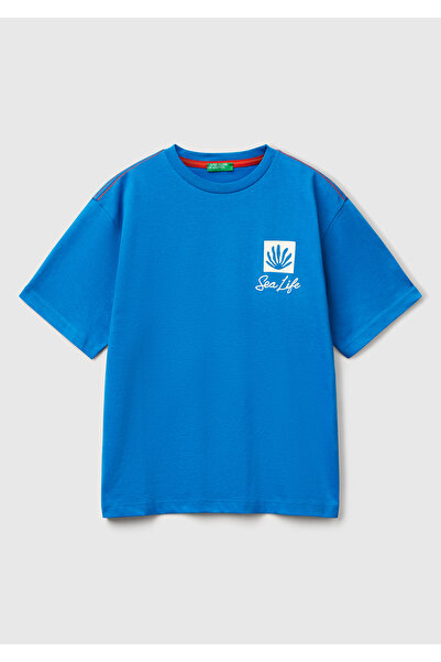 United Colors of Benetton Tricou oversize cu imprimeu Saks Blue Slogan pentru băiat