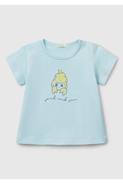 United Colors of Benetton Baby Turquoise Front Printed Shoulder Snap Button T-Shirt