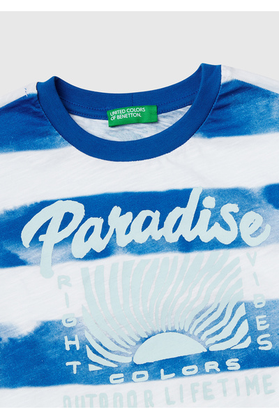 United Colors of Benetton Tricou oversize pentru băiat Saks, cu imprimeu albastru, cu dungi cu gâtul turn
