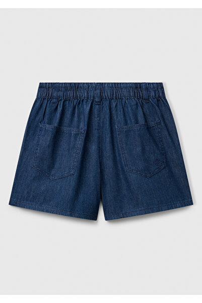 United Colors of Benetton Kız Çocuk Koyu Denim Arka Ceplerde Logo İşlemeli Düğmeli Denim Şönil Şort