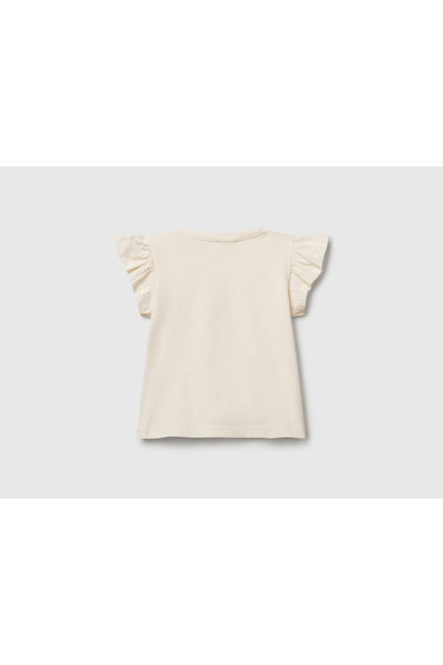 United Colors of Benetton Baby Ecru Logo Labelled Crew Neck T-Shirt with Ruffle Detail on Sleeves