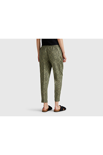 United Colors of Benetton Women's Khaki 100% Linen Patterned Elastic Waist Trousers