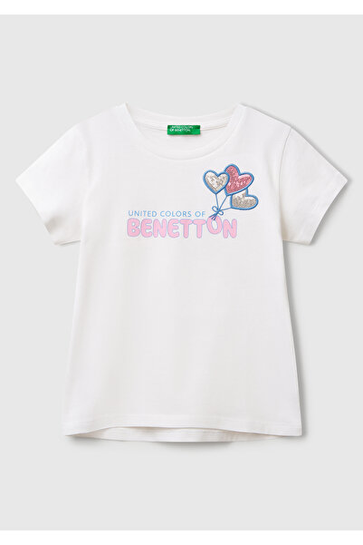 United Colors of Benetton Kız Çocuk Beyaz Simli Benetton Logo Baskılı T-Shirt
