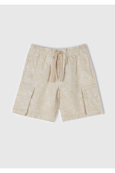United Colors of Benetton Boy's Ecru Linen Blended All Patterned Drawstring Shorts with Side Pockets