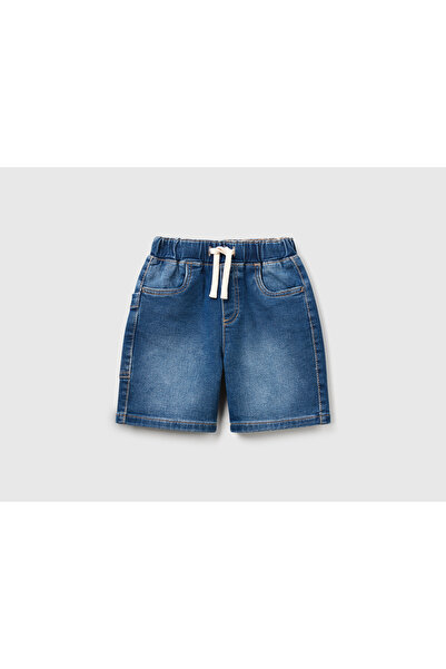 United Colors of Benetton Erkek Çocuk Koyu Denim Yan Cebi Logo İşlemeli Büzgü İpli Denim Bermuda Şort