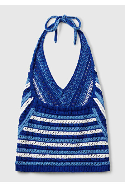 United Colors of Benetton Tricotaj de damă, albastru, amestecat de bumbac, cu gât cu șalț