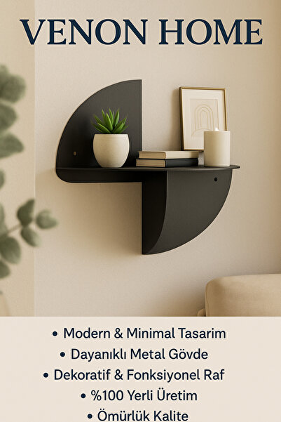 VENON Egzotik Siyah Metal Yar Duvar Rafı – Dekoratif Half Moon Shelf – Modern...