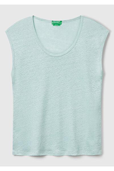 United Colors of Benetton Women's Aqua Green 100% Linen Relax Fit Round Neck T-Shirt with Side Slits