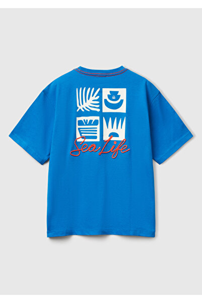 United Colors of Benetton Tricou oversize cu imprimeu Saks Blue Slogan pentru băiat