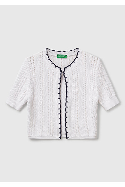 United Colors of Benetton Women's White 100% Cotton Slim Fit Short Sleeve Cardigan