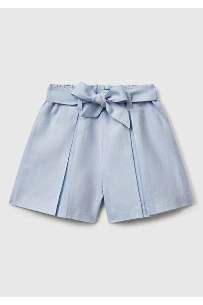 United Colors of Benetton Pantaloni scurți Bermuda plisați pentru fete, albastru praf, amestec de in, cu talie elastică