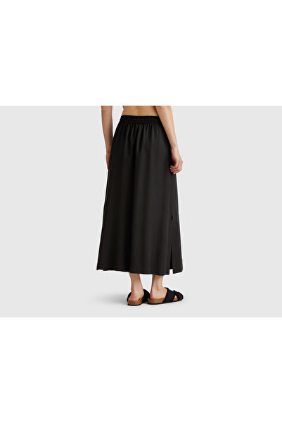 United Colors of Benetton Women's Black 100% Lyocell Long Skirt with Elastic Waist and Pockets