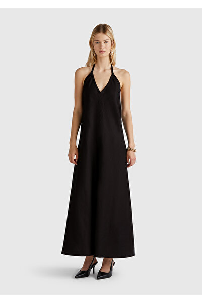 United Colors of Benetton Kadın Siyah %100 Keten Sırtı Açık Uzun Elbise