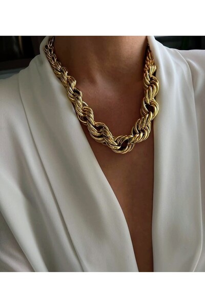 Miruva Kalın Halat Modeli Gold Renk Çelik Kolye