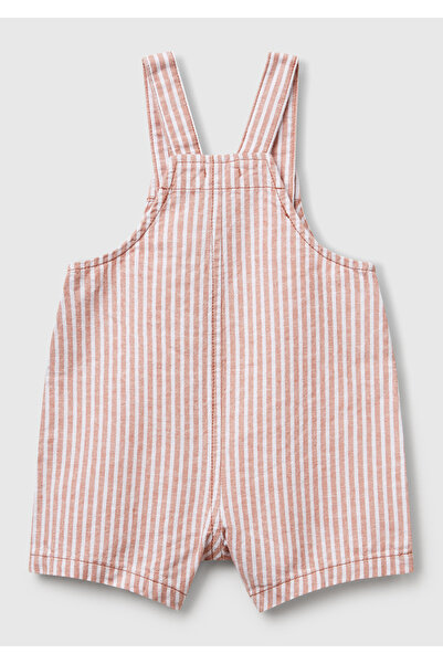 United Colors of Benetton Baby Beige Striped Short Jumpsuit with Logo Detail and Pocket Side Hidden Snaps