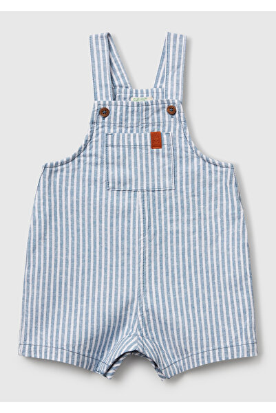 United Colors of Benetton Baby Light Blue Striped Short Jumpsuit with Logo Detail and Pocket Side Hidden Snaps