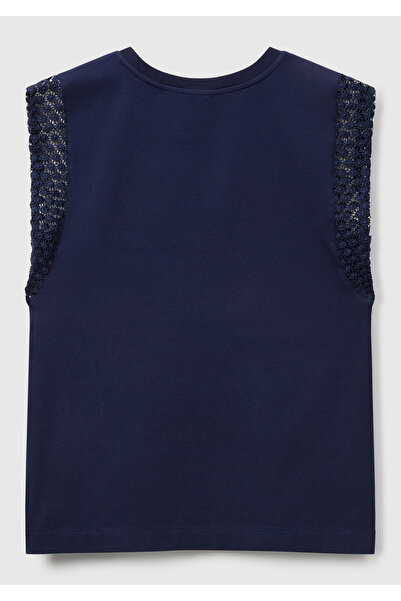 United Colors of Benetton Γυναικείο μπλουζάκι με λεπτομέρεια με δαντέλα Navy Blue, ελαστικό αμάνικο