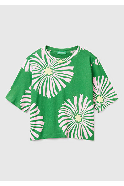 United Colors of Benetton Γυναικείο μπλουζάκι με λουλουδάτο μοτίβο με πράσινο λινό με μποξ
