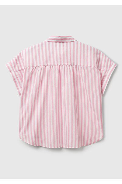 United Colors of Benetton Kadın Pembe Keten Karışımlı Çizgili Kimono Kol Gömlek