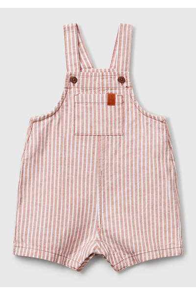 United Colors of Benetton Baby Beige Striped Short Jumpsuit with Logo Detail and Pocket Side Hidden Snaps
