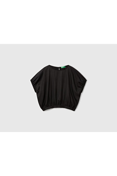 United Colors of Benetton Women's Black 100% Lyocell Kimono Sleeve Blouse with Elastic Waist