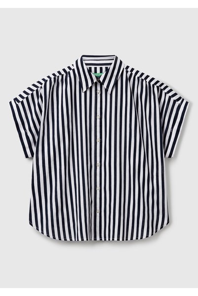 United Colors of Benetton Women's Navy Blue Linen Blended Striped Kimono Sleeve Shirt
