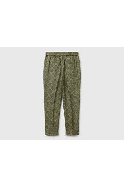 United Colors of Benetton Women's Khaki 100% Linen Patterned Elastic Waist Trousers