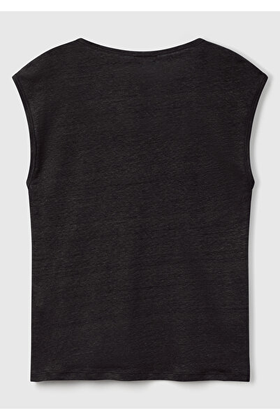 United Colors of Benetton Women's Black 100% Linen Relax Fit Round Neck T-Shirt with Side Slits