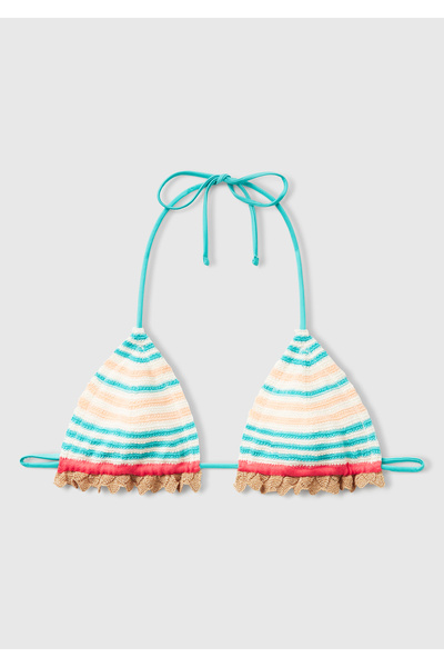 United Colors of Benetton Women's Blue Mix Striped Multicolor Knitwear Triangle Bikini Top