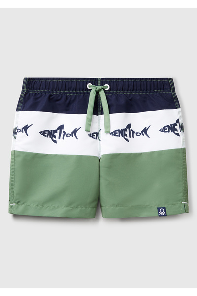 United Colors of Benetton Erkek Çocuk Yeşil Mix Desenli Büzgü İpli Deniz Şortu