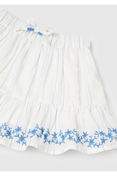 United Colors of Benetton Girls' White Striped Hem Embroidered Gathered Drawstring Skirt