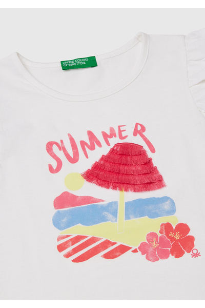 United Colors of Benetton Tricou cu mâneci plisate cu imprimeu în față pentru fete