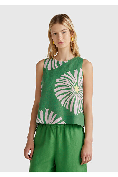 United Colors of Benetton Women's Green 100% Linen Patterned Sleeveless Blouse