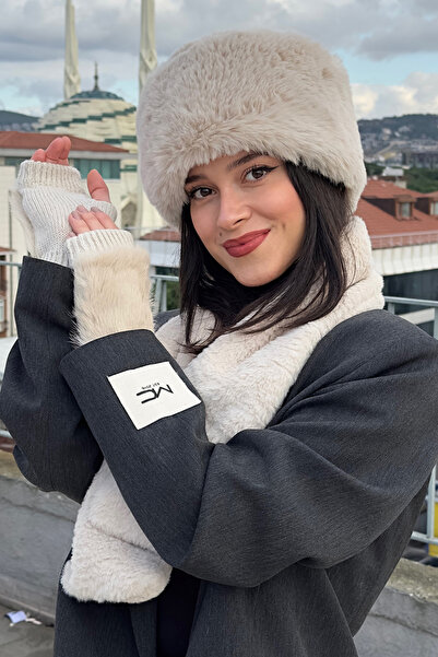 Mavelle Women's Beige Hat & Scarf & Gloves Set |   Faux Fur Kalpak Ushanka Set