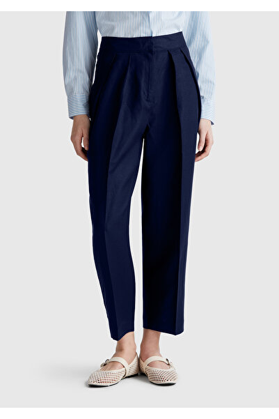 United Colors of Benetton Women's Navy Blue Linen Blended Carrot Cut Trousers