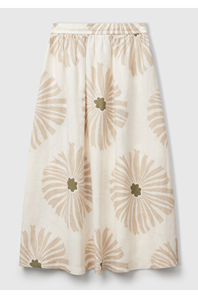 United Colors of Benetton Women's Cream 100% Linen Patterned Long Dress with Elastic Waist