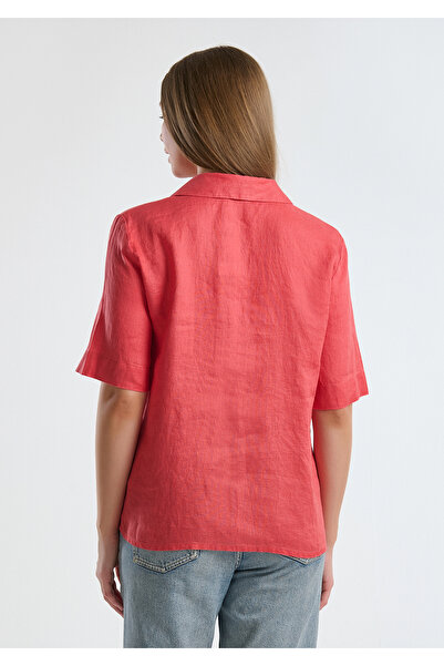United Colors of Benetton Kadın Mercan %100 Keten Relax Fit V Gömlek Yakalı Kısa Kollu Bluz